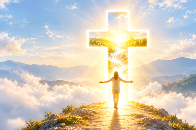 Persona caminando con los brazos abiertos hacia una cruz luminosa que simboliza a Jesucristo como la puerta hacia una vida abundante