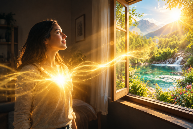 Mujer experimentando la transformación espiritual en Cristo, con una luz dorada que representa la nueva vida.