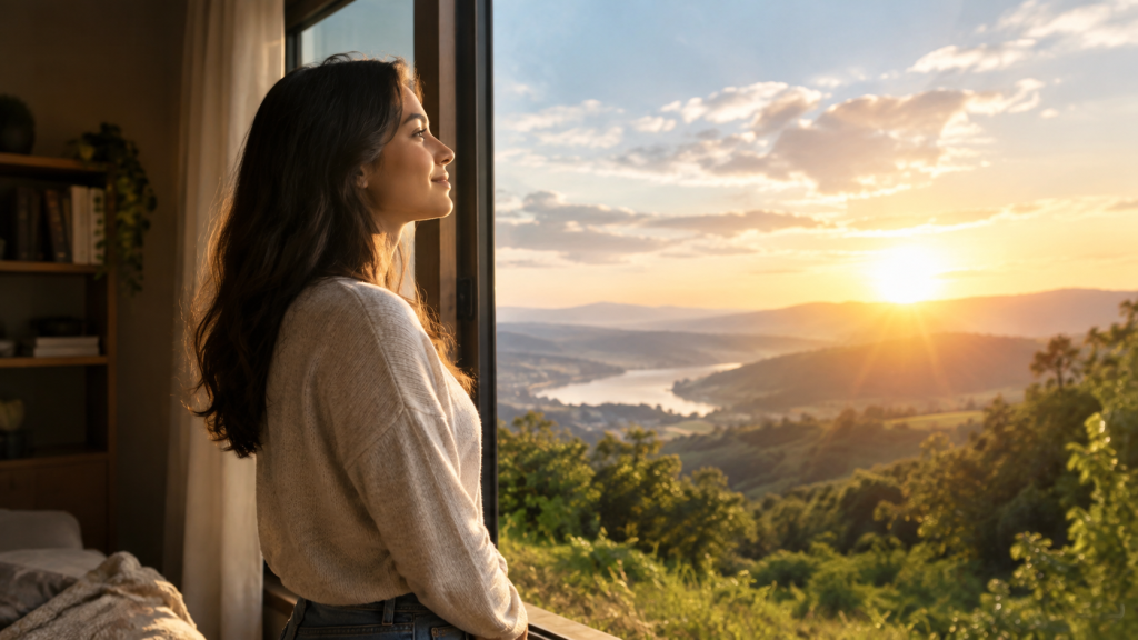 Mujer contemplando el amanecer que simboliza la renovación de la mente según la Biblia y el crecimiento en Cristo