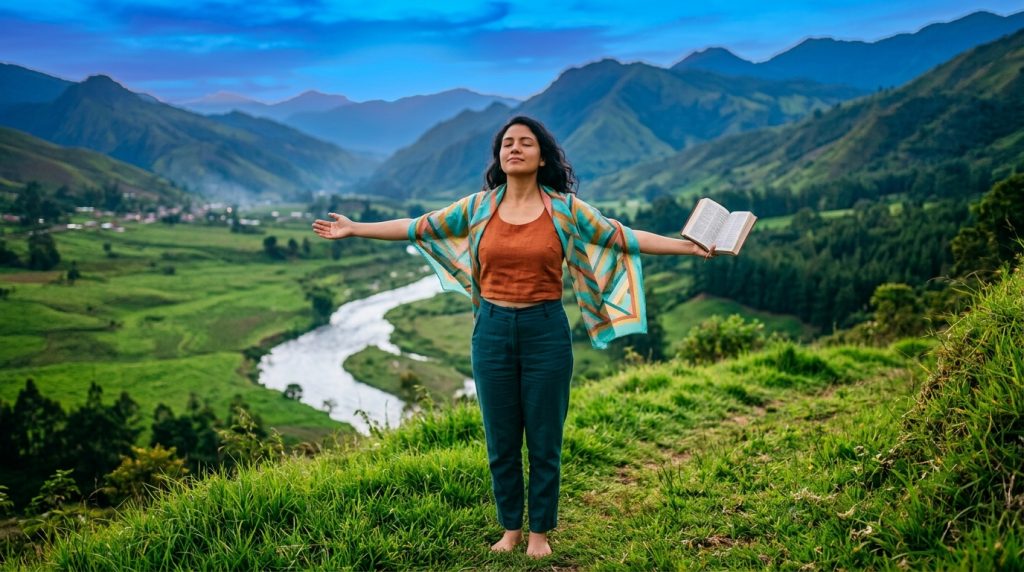 Mujer con los brazos abiertos sosteniendo una Biblia en una colina con vista a un valle verde, ríos y montañas bajo un cielo azul brillante, simbolizando la paz y la vida abundante en Cristo.