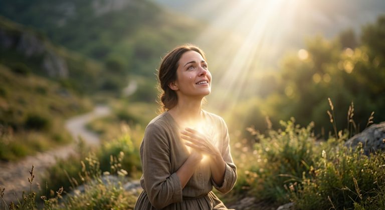 Mujer orando y encontrando plenitud en Cristo para llenar el vacío espiritual, recibiendo la gracia de Dios.