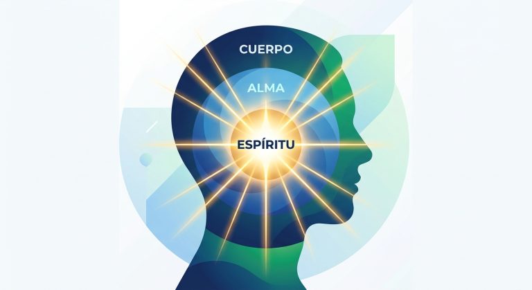 Diagrama conceptual que muestra las tres partes del hombre: espíritu, alma y cuerpo, ilustrando cómo la luz del espíritu renovado en Cristo gobierna y trae alineación a la mente y al cuerpo.