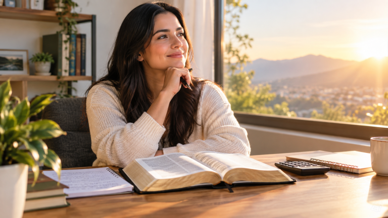 Persona estudiando la Biblia y planificando sus finanzas con fe y sabiduría