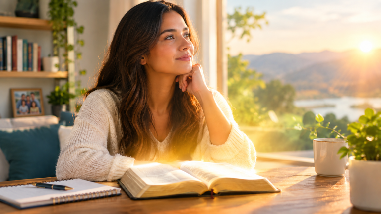 Persona reflexionando frente a una Biblia abierta sobre el poder de las palabras y la Palabra de Dios