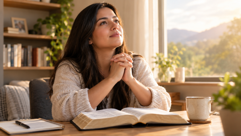 Persona orando con sinceridad frente a una Biblia abierta