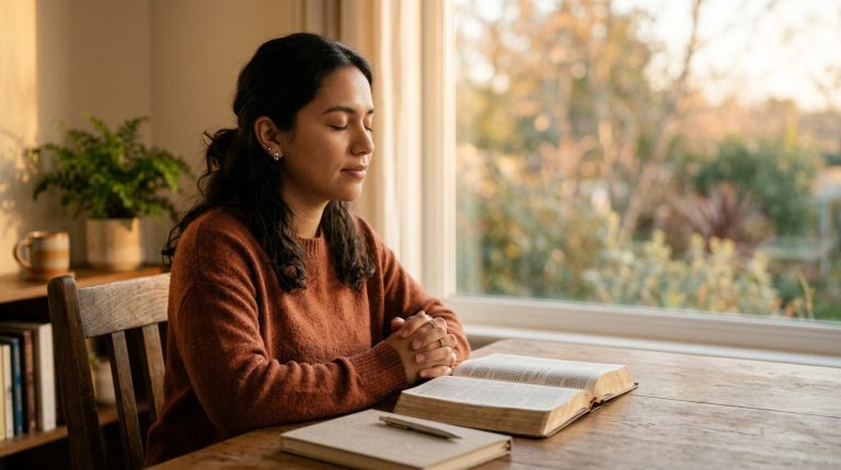 Persona orando en el nombre de Jesús con una Biblia abierta