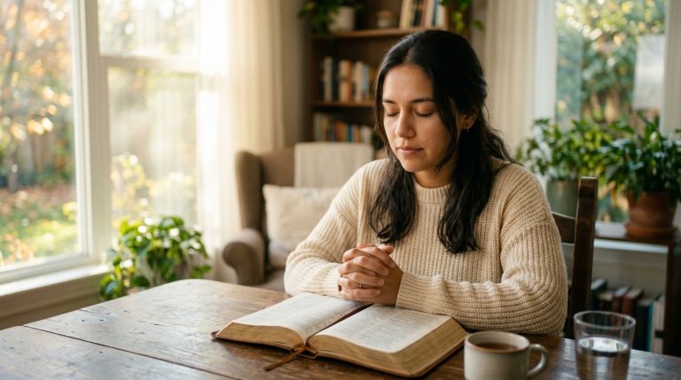 Persona orando con una Biblia abierta para comprender el significado del Padre Nuestro
