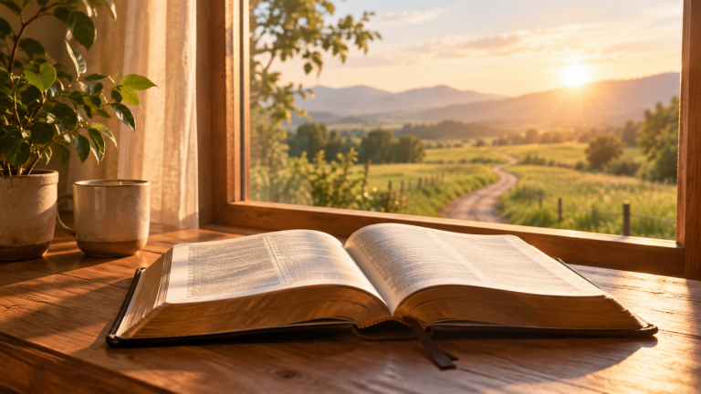 Biblia abierta junto a un camino iluminado que representa el perdón y una nueva vida en Cristo
