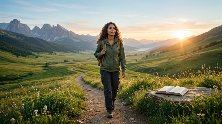 Persona caminando hacia un paisaje iluminado como símbolo de una nueva vida en Cristo