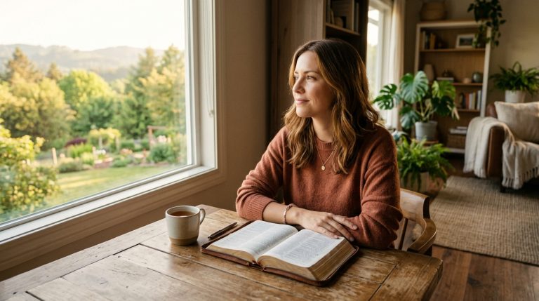 Mujer leyendo la Biblia y reflexionando sobre el perdón
