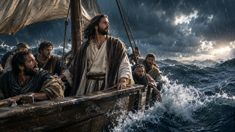 Jesús en el barco durante la tormenta y sus discípulos