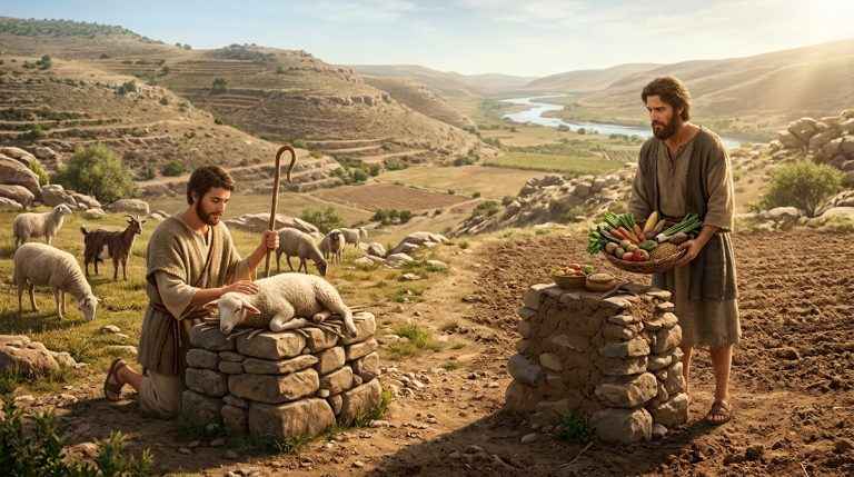 Caín presenta frutos de la tierra mientras Abel ofrece un cordero a Dios
