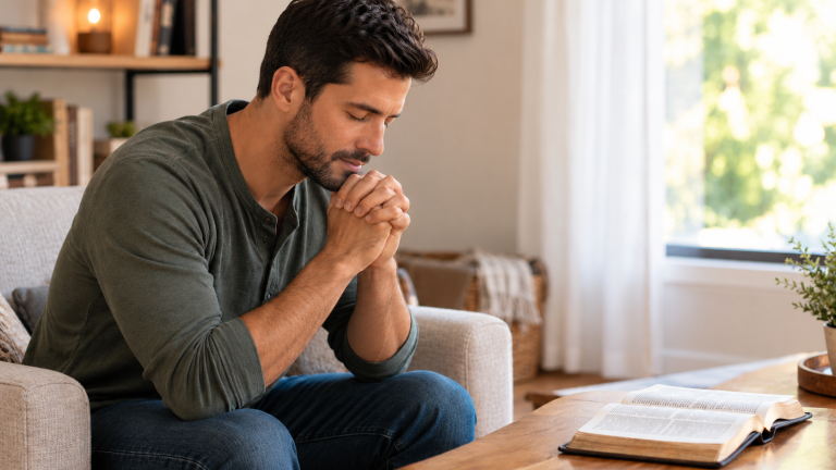 Hombre cristiano orando a Dios con confianza y serenidad
