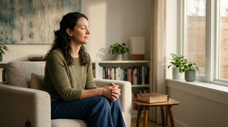Mujer cristiana orando con sinceridad y confianza en un momento de conversación con Dios