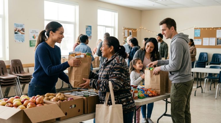 Jóvenes cristianos ayudan a familias entregando bolsas de alimentos en su comunidad.