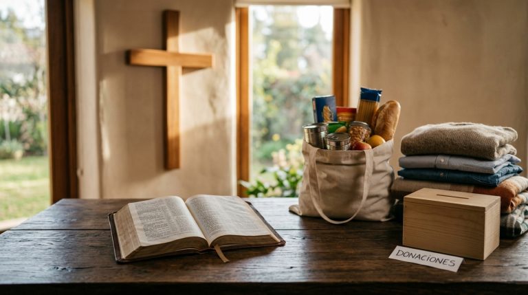 Biblia abierta y cruz de madera junto a objetos que representan las buenas obras humanas.