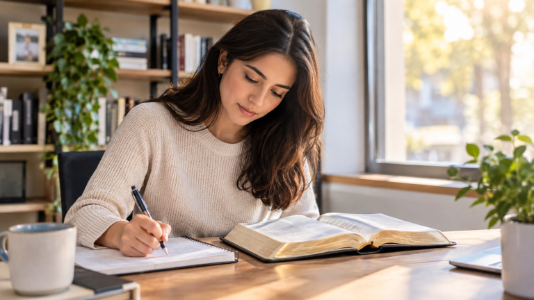 Joven leyendo la Biblia y tomando notas para buscar la sabiduría y dirección de Dios.