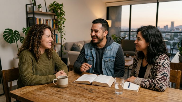 Jóvenes cristianos reunidos alrededor de una mesa con una Biblia abierta, compartiendo una amistad que fortalece su fe.