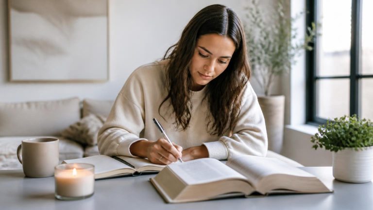 Joven cristiana estudiando la Biblia para conocer la voluntad de Dios