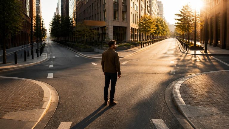Hombre joven reflexionando sobre sus decisiones y el camino correcto.