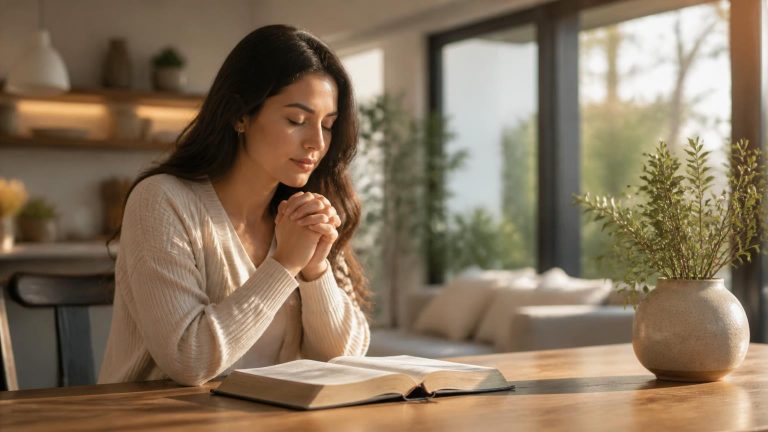 Joven cristiana orando con una Biblia abierta