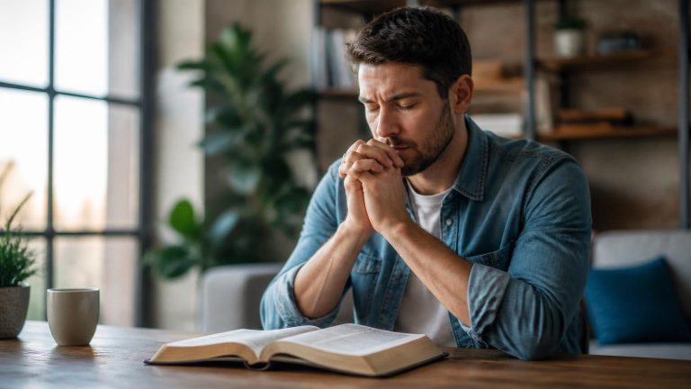 Hombre joven cristiano orando junto a una Biblia abierta para buscar la dirección de Dios.
