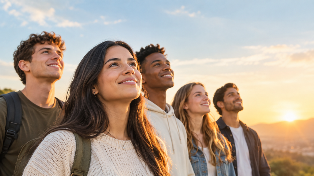 Grupo de jóvenes creyentes reunidos al aire libre, al atardecer, mirando al cielo con esperanza.