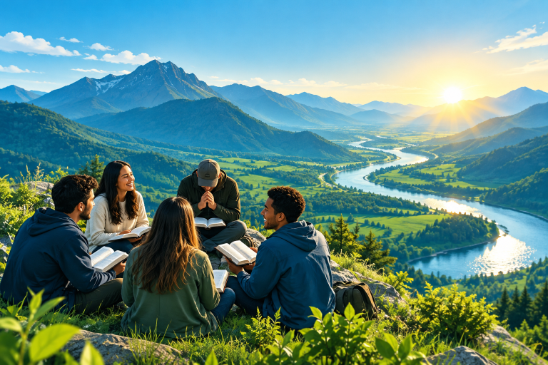 Personas reunidas en la naturaleza compartiendo y orando con sus Biblias abiertas